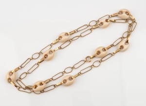 A vintage 14ct yellow gold and ivory bead necklace, 20th century, 84cm long, 53 grams total including ivory beads