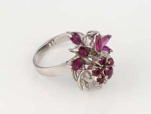 A vintage 18ct white gold, diamond and ruby cocktail ring, 20th century, stamped "750", ​​​​​​​6.9 grams