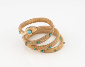 An antique European 18ct gold and turquoise expandable snake bracelet, 19th century, 26.7 grams total