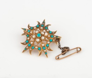 An antique 15ct yellow gold, seed pearl and turquoise star brooch, 19th century, stamped "15ct", ​​​​​​​3cm wide, 5.9 grams