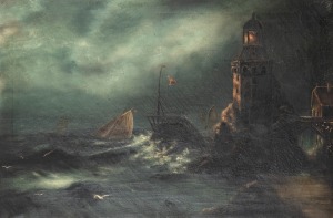 ARTIST UNKNOWN (lighthouse and boats at night), oil on canvas, housed in a period oak frame with gilt slip, 50 x 75cm, 75 x 100cm overall