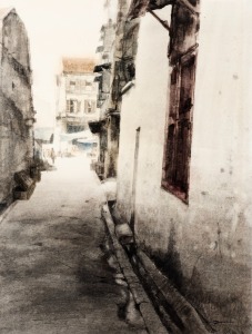 ARTIST UNKNOWN, (street scene), watercolour, signed lower right (illegible), ​​​​​​​60 x 45cm, 82 x 65cm overall