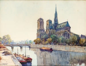 A. VINCENT, Notre Dame du Paris, watercolour, signed lower left "A. Vincent", with title and inventory No.285 verso, 49 x 63cm, 63 x78cm overall