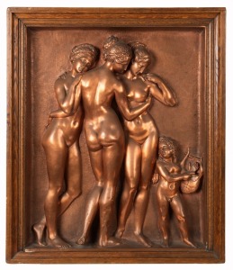 An antique repoussé copper plaque with three maidens and child, 19th/20th century, 66 x 56cm