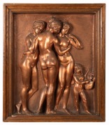 An antique repouss&eacute; copper plaque with three maidens and child, 19th/20th century, ​​​​​​​66 x 56cm