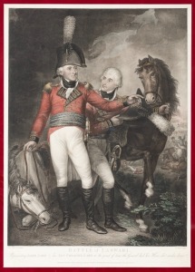 "Battle Of Laswari" framed antique coloured engraving, 86 x 76cm overall