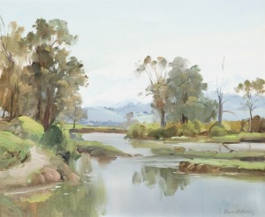 DERMONT HELLIER (1916-2006), Tranquil Morning, Bega River, Bega, N.S.W., oil on canvas board, signed lower left "Dermont Hellier", ​​​​​​​50 x 60cm, 69 x 78cm overall