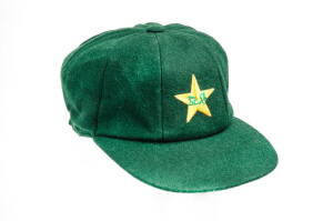 WASIM AKRAM'S PAKISTAN TEST CRICKET CAP, green wool, embroidered Pakistan logo on front, signed inside by Wasim Akram. G/VG condition. [Wasim Akram played 104 Tests & 356 ODIs 1984-2003].