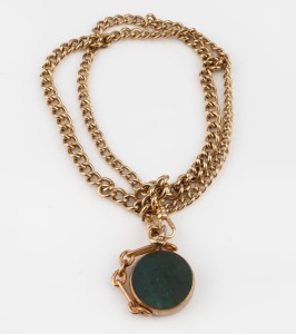 An antique 9ct gold fob chain with a 9ct gold bloodstone and carnelian swivel fob, 19th century, 57cm long, the chain 38.3 grams