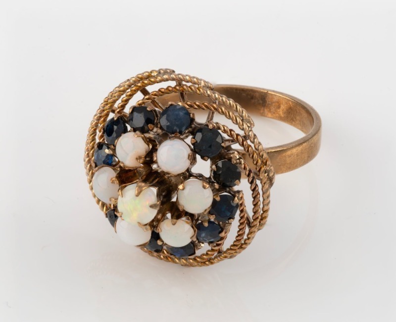 A 14ct yellow gold, opal and sapphire cocktail ring, stamped "14K", ​​​​​​​4.3 grams