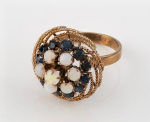 A 14ct yellow gold, opal and sapphire cocktail ring, stamped "14K", 4.3 grams