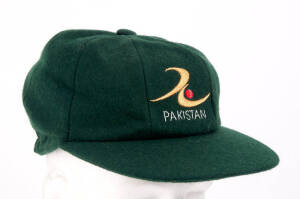 PAKISTAN TEST CRICKET CAP, green wool, embroidered Pakistan logo on front, made in Sharjah, player unknown. G/VG condition.