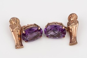 A pair of antique Egyptian themed 9ct gold and amethyst cufflinks, early 20th century, 8.9 grams including stones