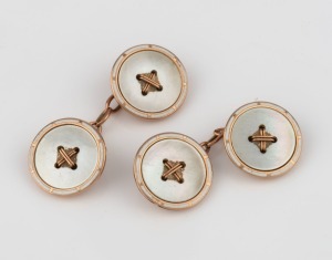 A pair of antique 9ct gold cufflinks with mother of pearl and enamel highlights, early 20th century