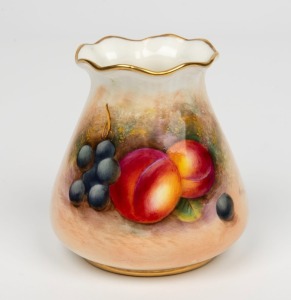 ROYAL WORCESTER English porcelain vase with hand-painted fruit decoration, signed "Robuck", black factory mark to base, 8cm high