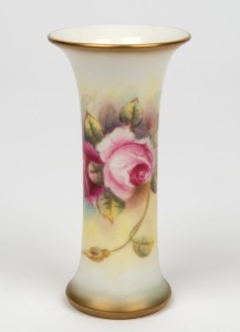 ROYAL WORCESTER English porcelain vase of slender form, decorated with hand-painted roses, signed (illegible), black factory mark to base, 12cm high