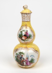 MEISSEN antique German porcelain gourd shape lidded vinegar bottle on yellow ground, 19th century, Augustus Rex blue mark to base, 14.5cm high