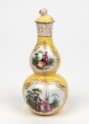 MEISSEN&nbsp;antique German porcelain gourd shape lidded vinegar bottle on yellow ground, 19th century, Augustus Rex blue mark to base, 14.5cm high