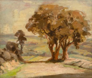 FLORENCE DEARLING, (1895-1988), Buninyong Landscape, oil on canvas board, signed lower right 'FD", title label verso with Heidelberg address, 29cmx35cm, 43x49cm overall