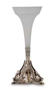 An antique English silver plated swan based centrepiece epergne vase with frosted and etched glass trumpet, 19th century, 37cm high