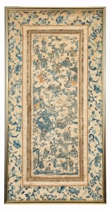 A pair of Chinese silk embroidered panels in brass frames, 20th century, ​​​​​​​72 x 37cm each overall