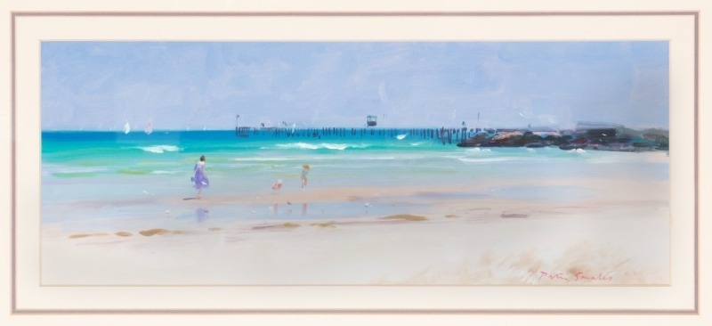 PETER SMALES (1958 - ), Half A Mile Of Fun, Mordialloc, Melbourne, oil on board, signed lower right "Peter Smales", 19 x 48cm, 45 x 74cm overall