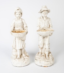 A pair of white painted cast iron garden statue bird bath water features, 20th century, the boy 92cm high
