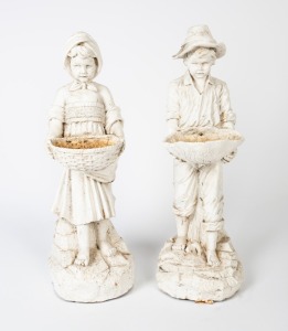 A pair of white painted cast iron garden statue bird bath water features, 20th century, the boy ​​​​​​​92cm high