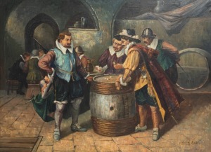 ARTIST UNKNOWN, (playing dice in the tavern), oil on canvas, signed lower right (illegible) 85 x 116cm, 108 x 137cm overall