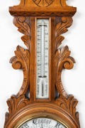 An antique English aneroid&nbsp;wheel barometer in carved oak case with 8" ceramic dial and mercurial thermometer box, 19th century, ​​​​​​​90cm high - 2