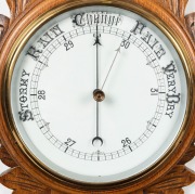 An antique English aneroid&nbsp;wheel barometer in carved oak case with 8" ceramic dial and mercurial thermometer box, 19th century, ​​​​​​​90cm high - 3