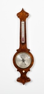 An antique burr walnut onion top mercurial barometer with 8" dial engraved "T.J. WILLIAMS, CARDIFF" with removable alcohol thermometer box, 19th century, ​​​​​​​100cm high
