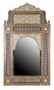 A Damascus inlaid framed mirror, 20th century, 141 x 81cm overall