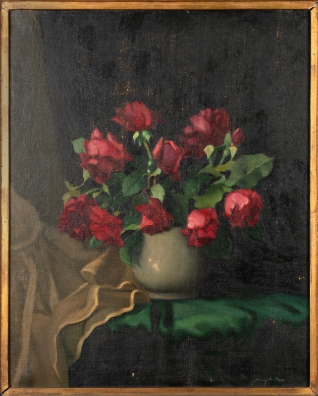 ARTIST UNKNOWN, (red roses), oil on canvas, signed lower right (illegible), in a JOHN THALLON gilt frame, ​​​​​​​67 x 54cm, 90 x 77cm