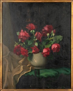ARTIST UNKNOWN, (red roses), oil on canvas, signed lower right (illegible), in a JOHN THALLON gilt frame, 67 x 54cm, 90 x 77cm