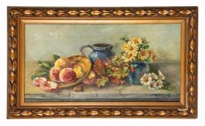 P. VOLKAERT, (still life with fruit and flowers), oil on canvas, ​​​​​​​signed lower right "P. VOLKAERT, 1928", 31 x 60cm, 42 x 72cm overall