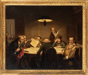 ARTIST UNKNOWN (European School), interior scene, oil on tin or copper panel, paper label verso (illegible), 23 x 28cm, 35 x 40cm overall