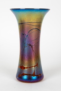 An iridescent art glass vase with flared rim, 20th century, engraved signature and date (illegible), 23cm high