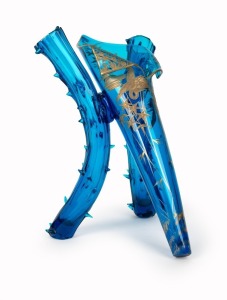 MOESER blue tri-form Bohemian glass vase with gilt crane decoration, 19th century. ​​​​​​​28cm high