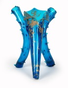 MOESER blue tri-form Bohemian glass vase with gilt crane decoration, 19th century. ​​​​​​​28cm high - 2