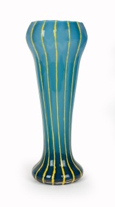 A Czechoslovakian blue art glass vase with yellow pin stripe decoration, 20th century, 31.5cm high