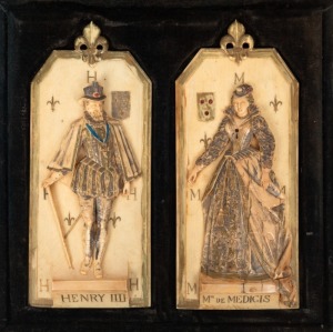 A pair of antique French carved ivory plaques of HENRY III and MIE DE MEDICIS, housed in original embossed and gilt leather case with plush fitted interior, 19th century, ​​​​​​​the plaques 16.5cm high