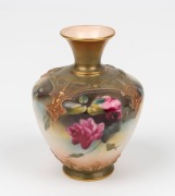 ROYAL WORCESTER English porcelain vase, hand-painted with roses and gilded highlights, green factory mark to base, 9.5cm high - 2