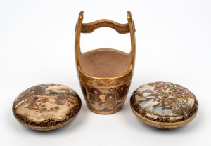 SATSUMA antique Japanese earthenware bucket vase and two circular boxes, Meiji period, 19th/20th century, (3 items), ​​​​​​​the boxes 8cm diameter