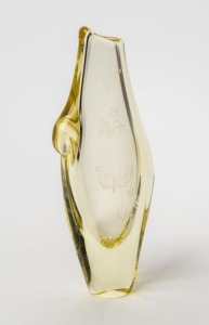 A citrine art glass vase with&nbsp;engraved butterfly and bird decoration, 20th century, 24cm high