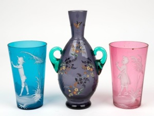MOSER antique Bohemian glass vase, together with two Mary Gregory ruby and blue glass beakers, 19th century, (3 items), the Moser 17cm high