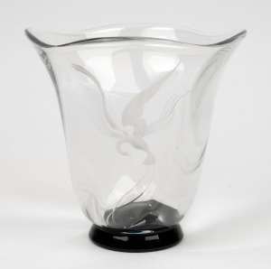 ORREFORS&nbsp;Swedish art glass vase with applied back foot and engraved bird decoration, factory mark to base, 19cm high