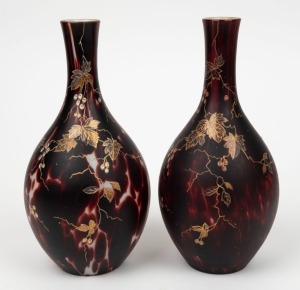 A pair of antique mottled glass vases decorated with gilded foliate motif, 19th century, 23.5cm high