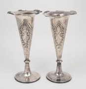 A pair of Chinese export silver trumpet vases with figural decoration, 19th/20th century, double seal marks to the bases, 21.5cm high, 372 grams