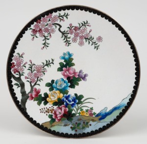 A floral cloisonne plate on cream ground, 20th century, circular mark to base, ​​​​​​​18.5cm diameter